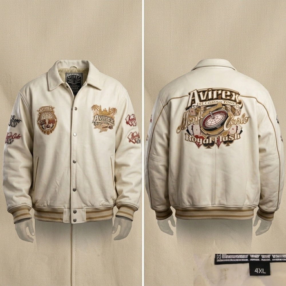 Avirex Mens 4XL Leather Varsity Jacket White Casino Tour Monte Carlo Royal Flush